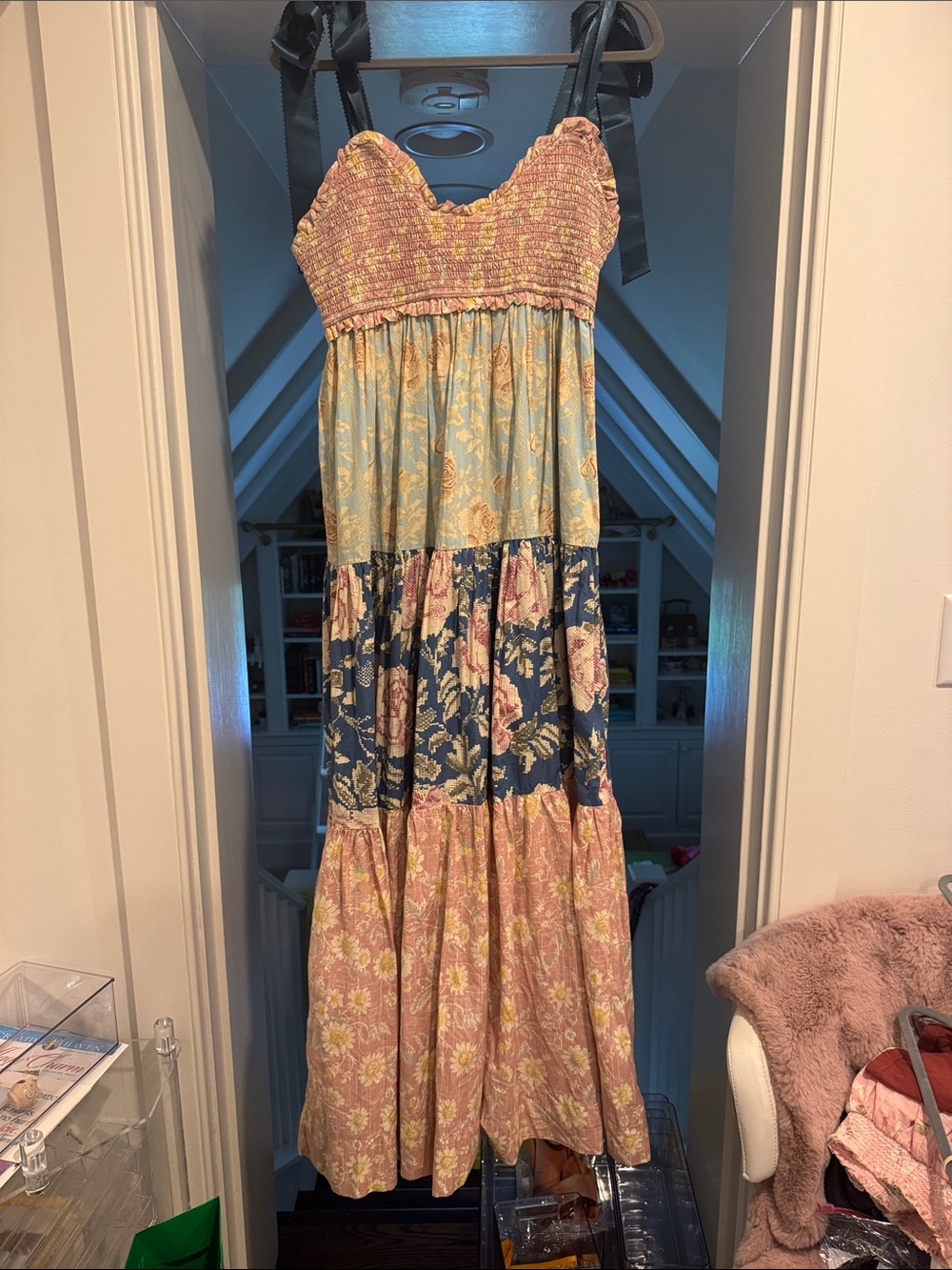 Free People Multi-Panel Tiered Maxi Dress in Pink, Blue and Cream